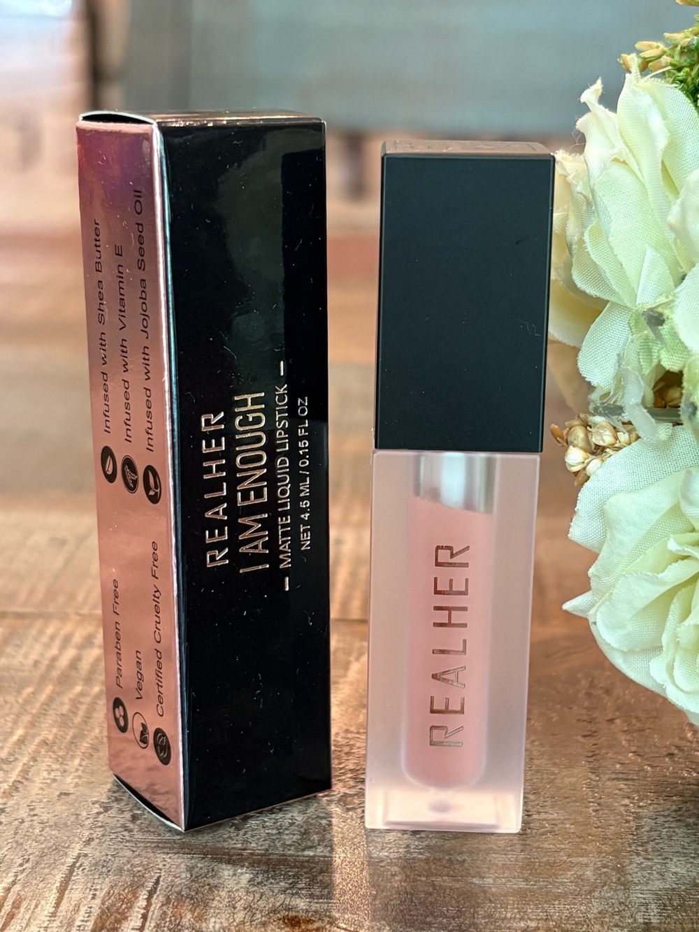 New REALHER Matte LIQUID LIPSTICK in I AM ENOUGH {Warm Nude}